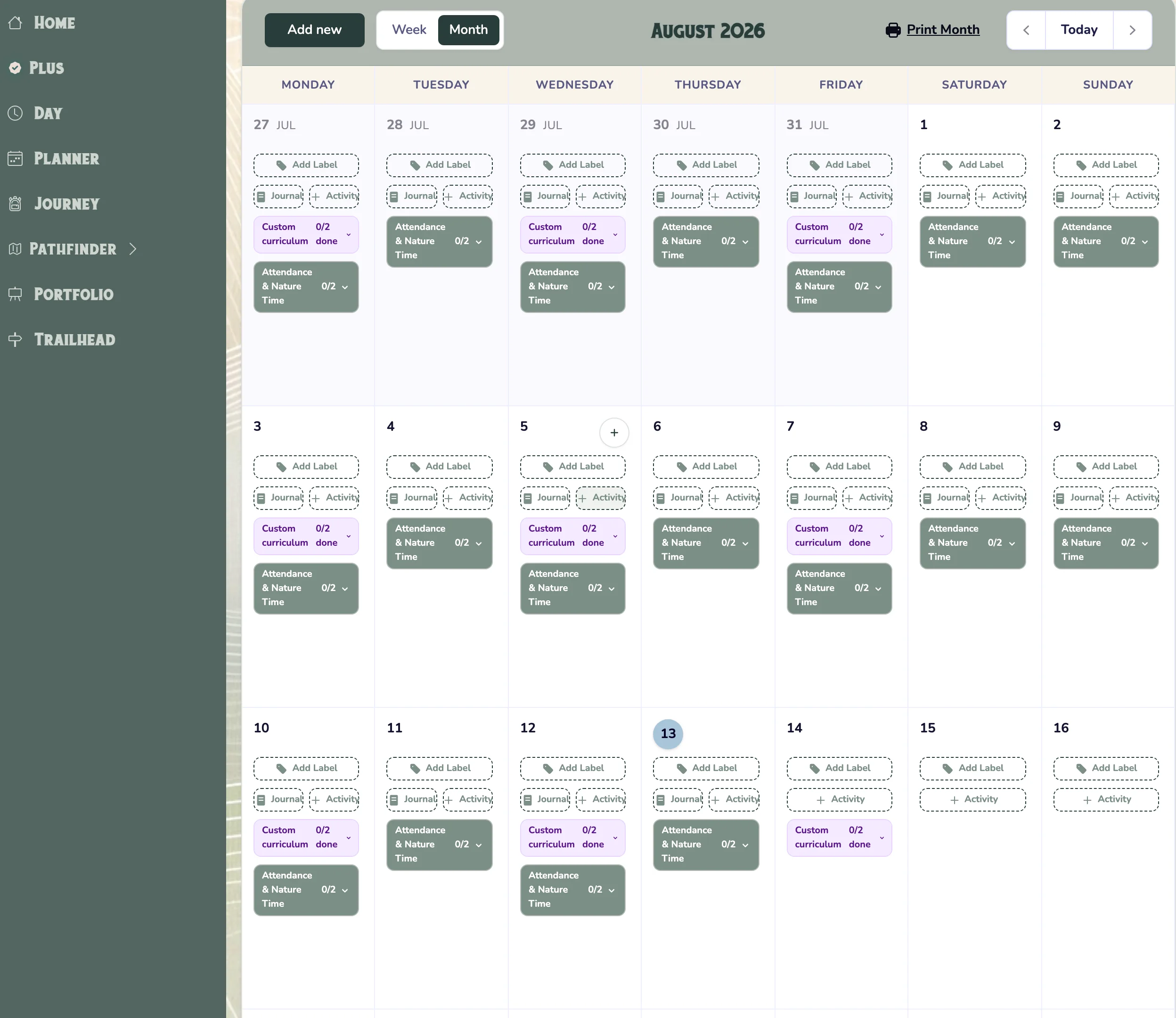 HomeTrail Month Planner showing synthetic family curriculum and calendar controls